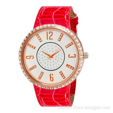 Luxury Women's Crystal Decorated Bezel Stylish Gold Plating Watch with Faux Leather Strap (Red)